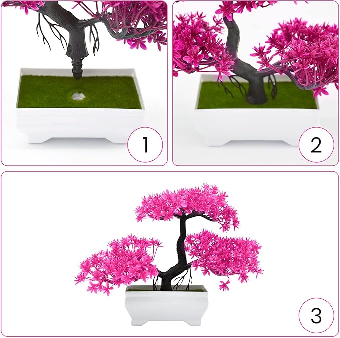 Mini Artificial Bonsai Tree Plants with Plastic Cement Pots for Home Office Décor(Pink)