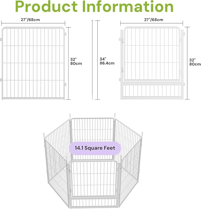 SunsGrove Garden Fence with Gate, 32 in(H) x 13.4 ft(L) 6 Panels Heavy Duty Metal Animal Barrier Fence for Yard, Suitable for Indoor or Outdoor Dog Pet Fence, Garden Fence Border, White