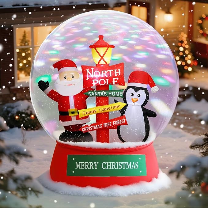 Juegoal Christmas Inflatables Decorations Outdoor, 6FT Inflatable Xmas Snow Globe with Built-in Rotating Lights, Lighted Blow Up Santa & Penguin in Snowing Globe for Holiday Winter Lawn Yard Garden