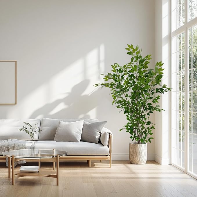 Artificial Ficus Tree with Green Leaves, 6ft Tall, Indoor Plant with Decorative Beige Planter