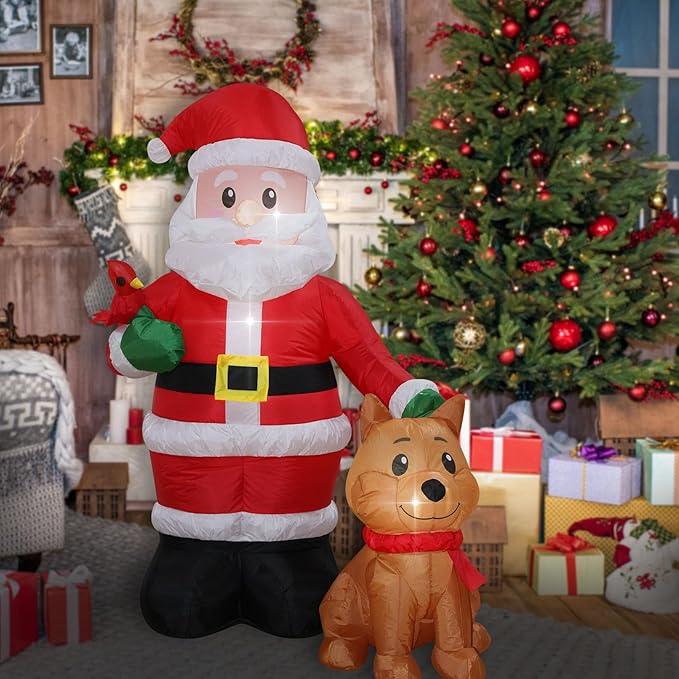Christmas Inflatables Santa with Dog Cardinal Lighted Yard Lawn Inflatable Decoration with Built-in Fan and Stakes Ropes Holiday Party Decor, Christmas Decor (5FT-Santa with Dog & Cardinal)