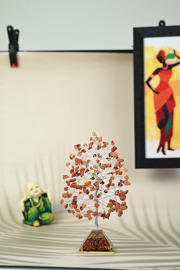 Carnelian Crystal Tree with Orgone Pyramid Base Orange Desk Decor Healing Crystals Bonsai Tree Orange Gifts for Women Office & Shelf Home Room Decor For Mom Sister Girlfriend Present Housewarming