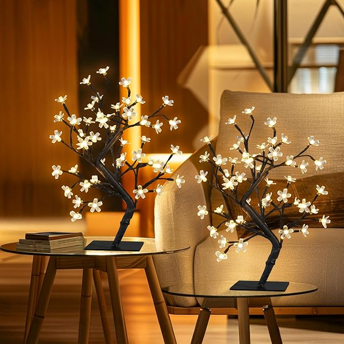 PEIDUO Set of 2 Lighted Cherry Blossom Tree, Light up Bonsai Tree for Christmas Decorations, Warm White Lights Plug in Adapter, Tabletop Night Light Artificial Tree for Indoor Bedroom Living Room