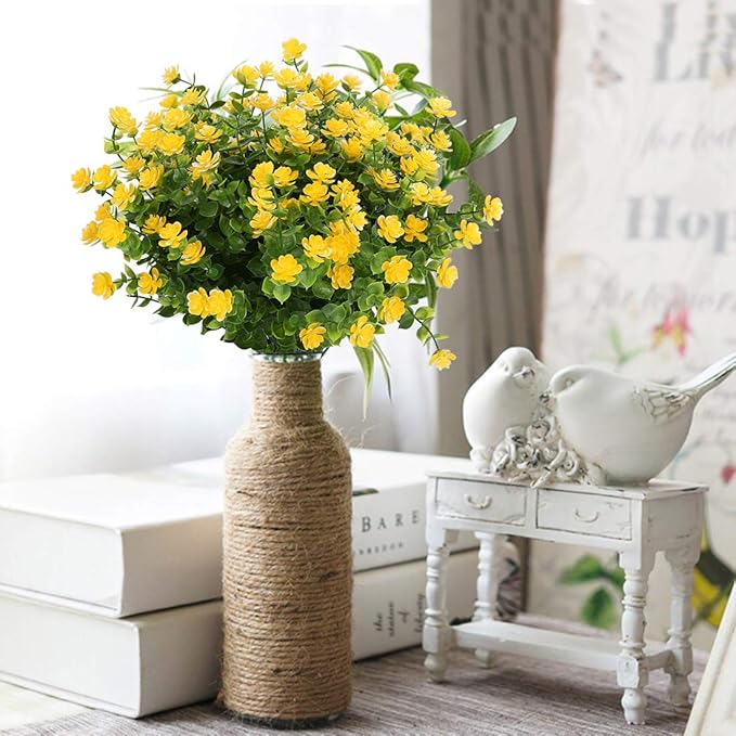8 Bundles Artificial Flowers, Fake Artificial Greenery UV Resistant No Fade Faux Plastic Plants for Wedding Bridle Bouquet Indoor Outdoor Home Garden Kitchen Office Table Vase (Yellow)