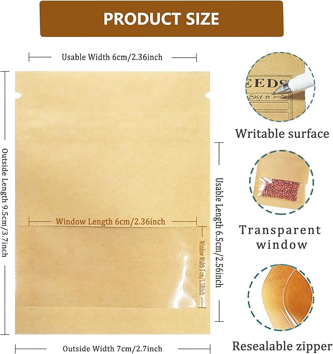 FERENLI 100 Pack Seed Envelopes Packets with Clear Window 2.7x3.7 inch Small Resealable Brown Kraft Paper Bags with Preprinted Collecting Template for Storage Organizing Flower Vegetable Seeds
