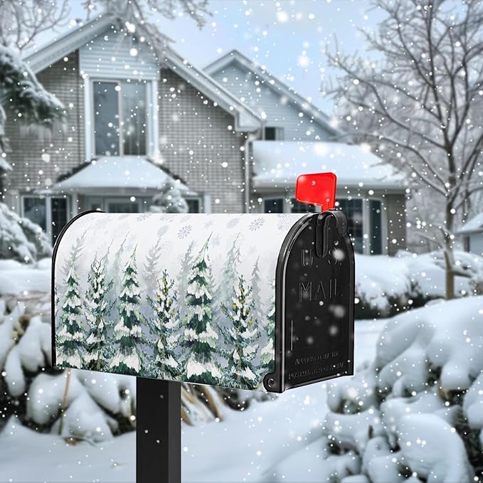 Winter Cedar Magnetic Mailbox Cover Snowy Forest Mailbox Wrap Pine Tree Snowflake Nature Landscape Mail Post Letter Box Cover for Christmas Holiday Garden Yard Decor Standard Size 18" X 21"