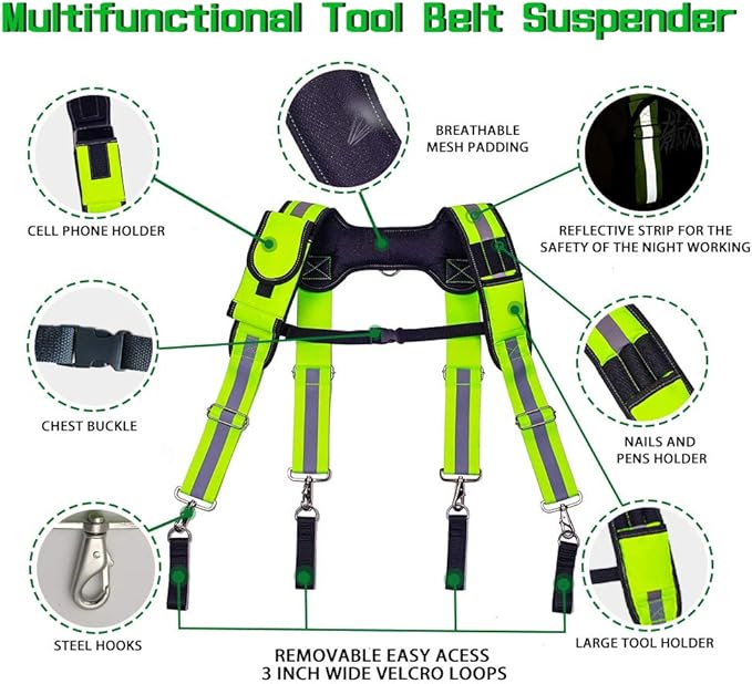 AISENIN Carpenter Tool Belt Suspenders, Heavy Duty Tool Belt Suspenders Reflective Safety Suspenders