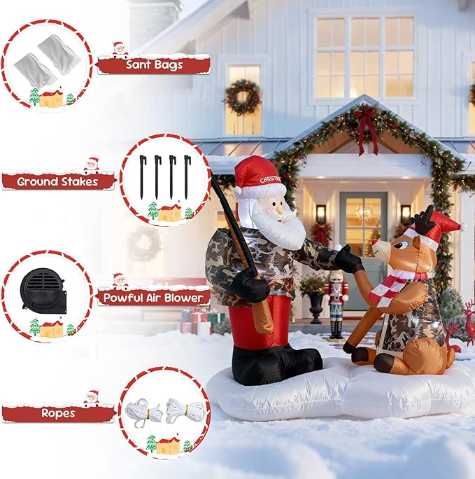 TRMESIA 6FT Christmas Inflatable Camouflage Santa with a Gun and Camouflage Deer Decoration with LED Lights,Blow up for Indoor Outdoor Lawn Garden Front Yard Holiday Display