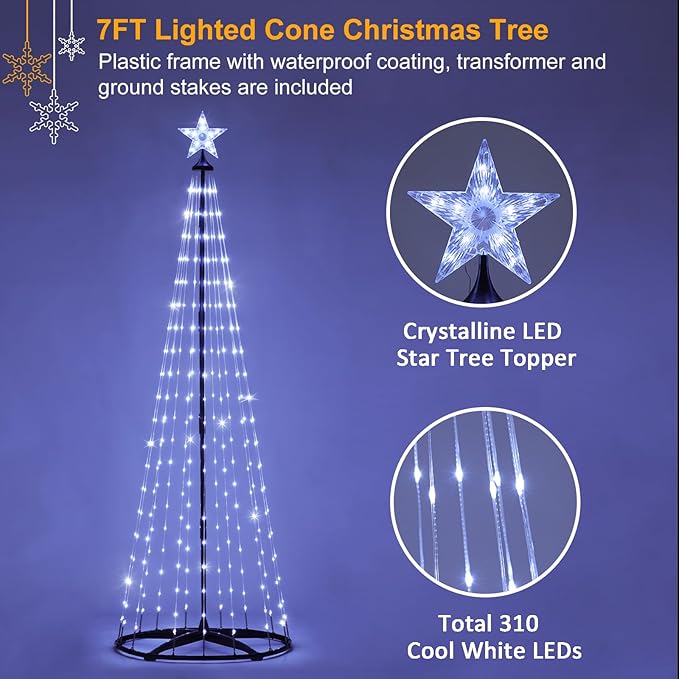 Christmas Outdoor Lighted Trees 7FT Prelit Christmas Cone Tree with 310 LEDs 8 Lighting Modes and Timer for Indoor Outdoor Xmas Porch Lawn