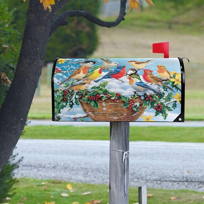 SUABO Mailbox Cover Group Colorful Birds Standard Magnetic Mailbox Covers Wraps for Christmas Home Yard Garden Decor