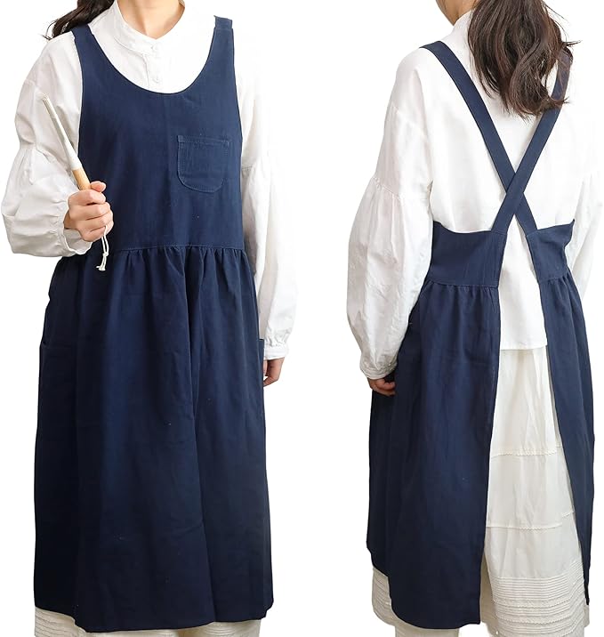 HANEE Cross Back Aprons for Women with Pockets | Japanese Style Cotton Apron | Cute Pinafore Smock for Kitchen etc (6 Colors)