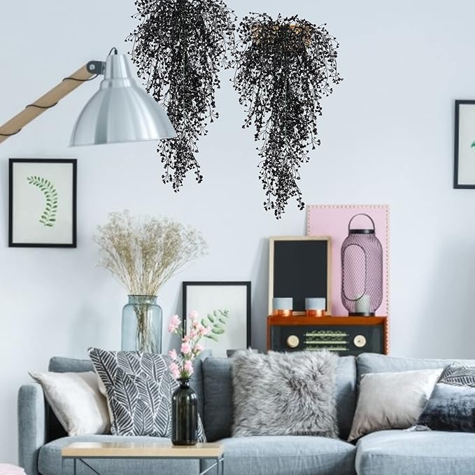 RECUTMS Artificial Hanging Plants Indoor 4 Pcs Artificial Ferns Plants Large Faux Hanging Plant Wall Plants Fake Ivy Room Fall Home Garden Wedding Halloween Party Indoor Outdoor Decor(Black)