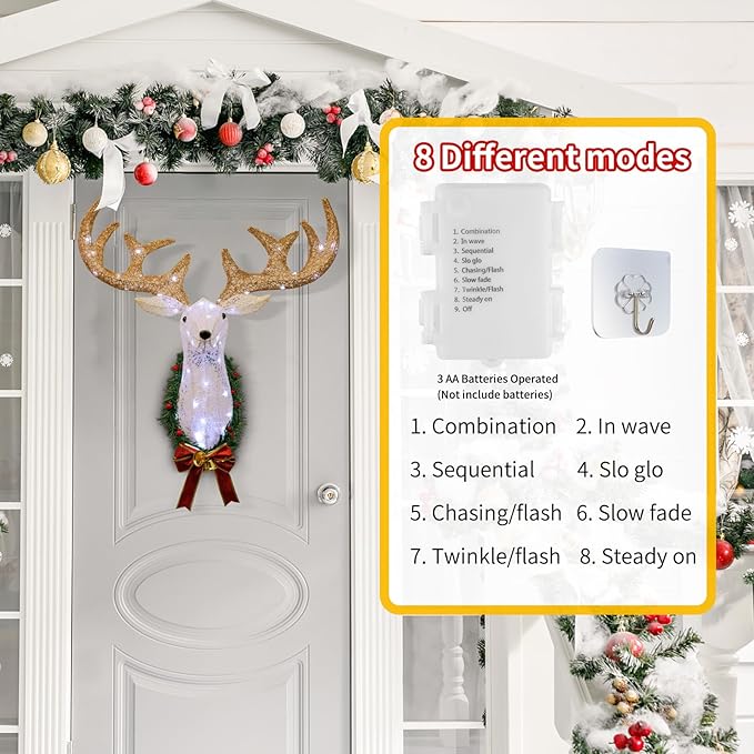 zekirose Lighted Christmas Reindeer Head Wall Decor，3D Rudolph Hanging Wreath，50 Waterproof Lights for Indoor/Outdoor Use. Decoration during Xmas Holidays. Ideal Christmas Deer Outdoor Décor.