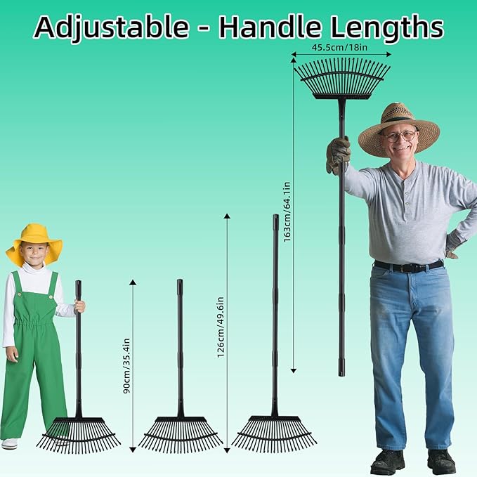 Rake for Leaves Heavy Duty Metal Garden Tools with 64.1 Inch Adjustable Steel Handle 25 Tines Leaf Rakes for Lawns Flower Bed Shrub Camping, Black