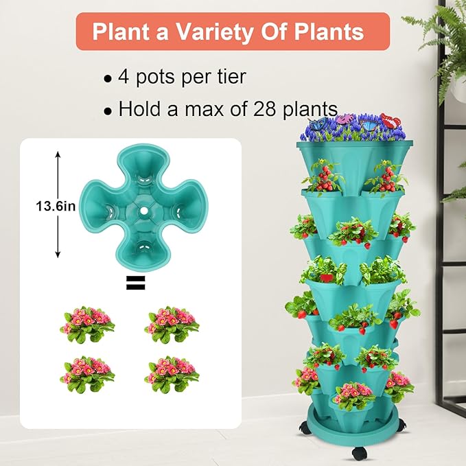 GameXcel Vertical Planter, 7 Tier Stackable Strawberry Planter with Garden Tool Set, Movable Indoor/Outdoor Garden Herb Pot for Growing Vegetables and Succulents, Teal