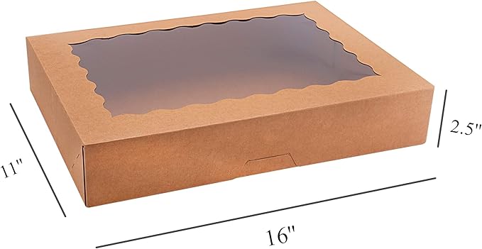 20-Pack 16" x 11" x 2.5" Bakery Boxes with Window Hold 12 Donuts, Auto-Popup Large Cookie Boxes for Pies, Cakes, Muffins, and Pastries (Brown)