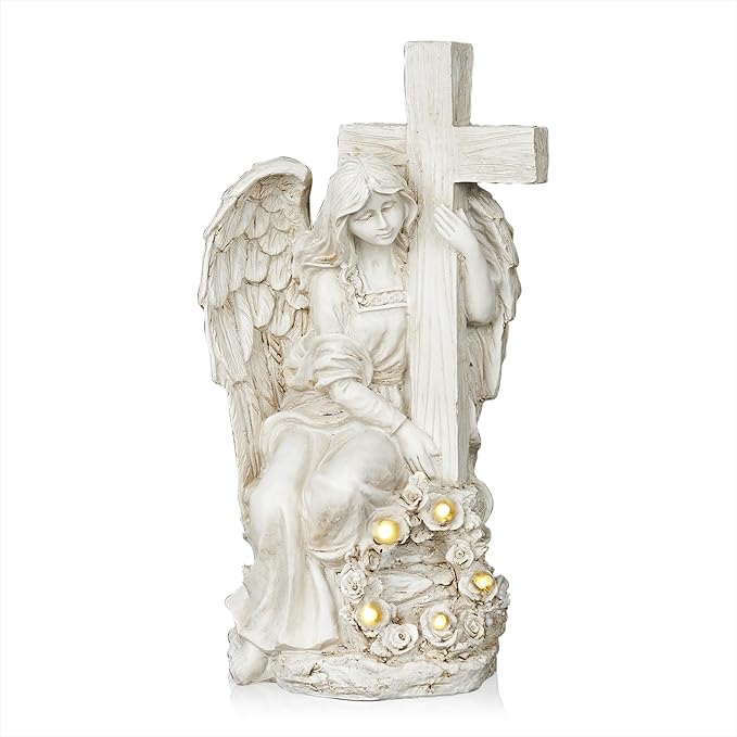 Alpine Corporation KGD574SLR Solar Angel Holding Cross Statue with LED Lights, Sentimental Decor for Garden, 14" H, White