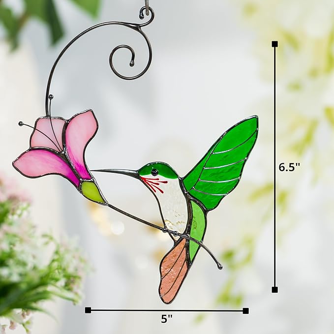 Multicolor Hummingbird Handmade Stained Glass Suncatcher Genuine Stained Glass Window Hangings Unique Indoor Ornament & Outdoor Decor (Green Hummingbird)