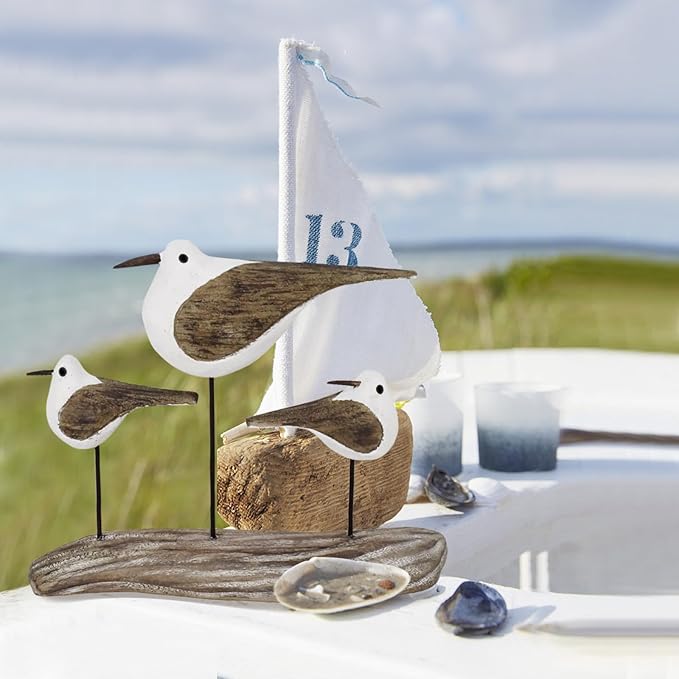 Aecipl Wooden Sea Bird Statue Seagull On Stand Decor Nautical Coastal Birds Sculpture Indoor Outdoor Animal Figurine Beach Themed Decoration Rustic Home Art for Bedroom Garden (D)
