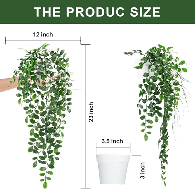 Artificial Hanging Plants, 2Pcs Fake Ivy Vine Artificial Ivy Leaves with White Flowers for Wedding Wall House Room Patio Indoor Outdoor Home Office Decor White