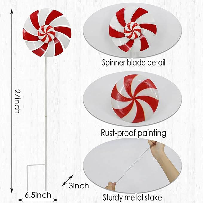5pcs Wind Spinners Metal Colorful Flowers Garden Stake, Christmas Lollipop Pinwheels, 27" Metal Windmill Yard Art Lawn Ornaments Outside Decorations, Christmas Outdoor Decorations Gift