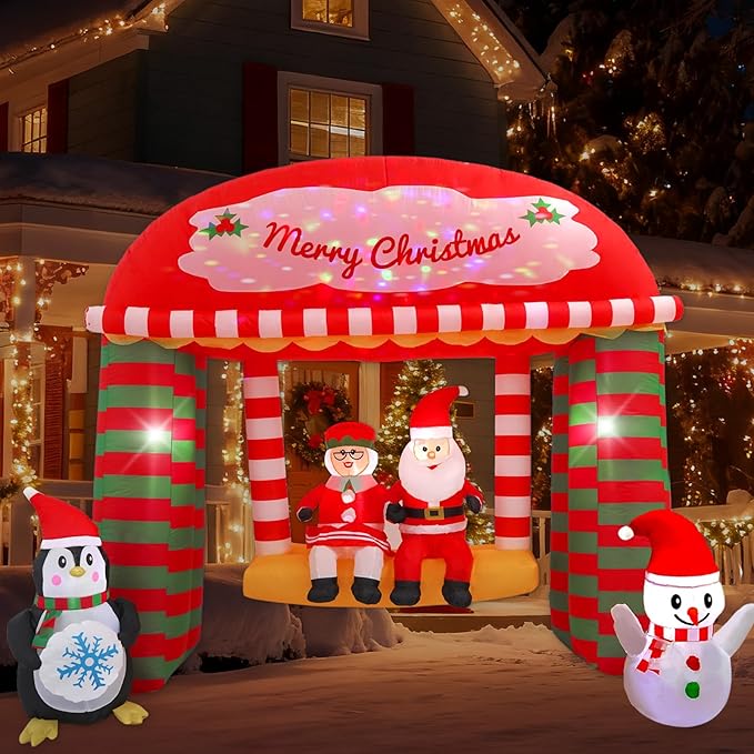10FT Santa Claus Swing with Built-in LED Lights and Colorful Rotating Lights, Suitable for Christmas Lawns, Gardens, Courtyards Outdoor Inflatable Decoration