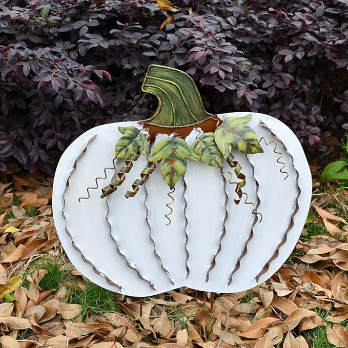 Veclotch 2set Pumpkin Garden Stake Metal Yard Sign Fall Decor, Decorative Decor Outdoor Stakes for Autumn Harvest Thanksgiving Halloween Rustic Decoration Home (White, 26''H)