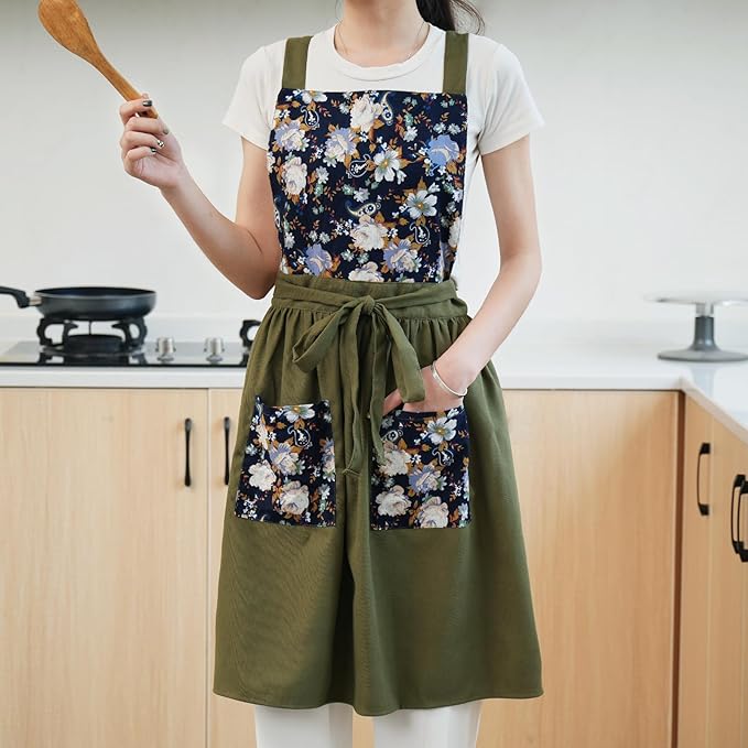 Vintage Pinafore Apron Dress for Women with Pockets Cute Floral Chef Aprons for Kitchen Cooking Baking Gardening