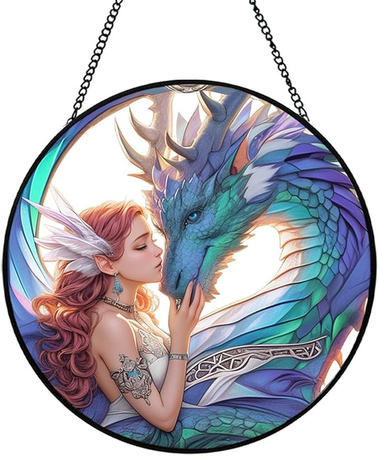 Dragon Fairy Stained Glass Window Hanging, 7.87" Fantasy Suncatcher for Windows with Chain, Fantasy Glass Sun Catcher Decor for Home Bedroom, Window Ornament Gifts for Women & Dragon Lovers