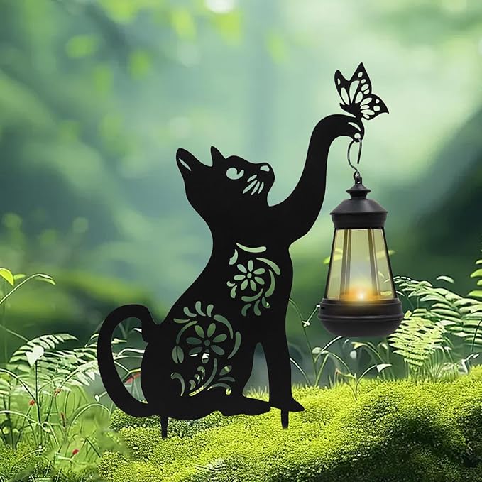 Yard Decorations, Black Metal Cat Stake with Solar Light for Outdoor, Cat Garden Decor, Garden Decoration, Cat Silhouette, Outdoor Solar Decorative for Garden, Lawn, Yard