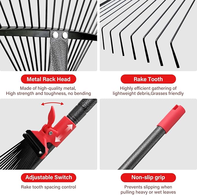Lightweight Leaf Rake for Lawn, 8-17" Expandable Head with Metal Tines for Leaves, Shrubs & Small Areas, 75-Inch Adjustable Long Handle with Comfort Grip Senior Friendly