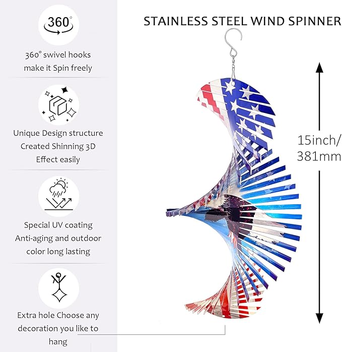 Wind Spinners Outdoor Creates a Soaring Eagle Effect, 3D American Flag Eagle Wind Spinner Hanging Independence Day/Memorial Day Decorations,Gifts for Men/Women,15in Garden Decor,Yard Art