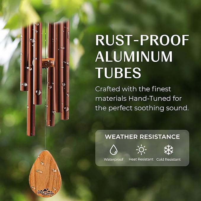 UpBlend Wind Chimes for Outside Gift – Deep Tone Wind Chime with Decorative Stone – Porch & Patio Decor, Elegant Outdoor Ornament, Garden Gifts. 28” Brown.