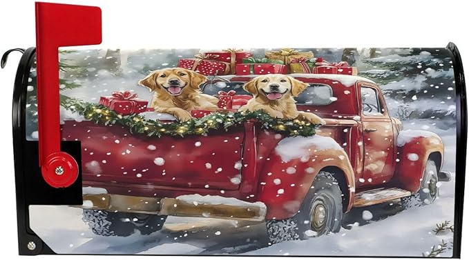 ALAZA Christmas Red Truck Dog Snowflakes Magnetic Mailbox Cover MailWraps Garden Yard Home Decor for Outside Oversized-25.5" x20.8"