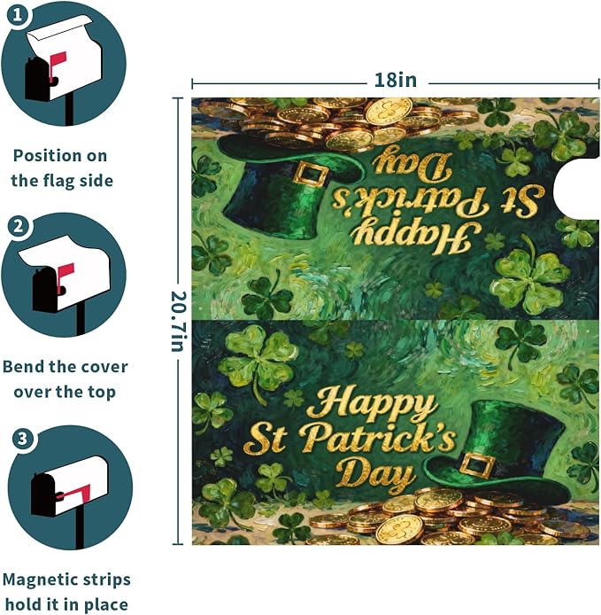 Happy St. Patrick's Day Mailbox Covers Magnetic Standard Size Green Shamrock Hat Gold Coin Print Saint Patricks Holiday Outdoor Decorative Letter Box Cases for Home Garden Outside Decor, 21x18 Inch