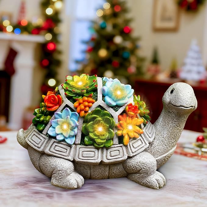 Nacome Solar Garden Outdoor Statues Turtle with Succulent and 7 LED Lights - Lawn Decor Tortoise Statue for Patio, Balcony, Yard Ornament - Chrismtas Gifts for Mom Grandma