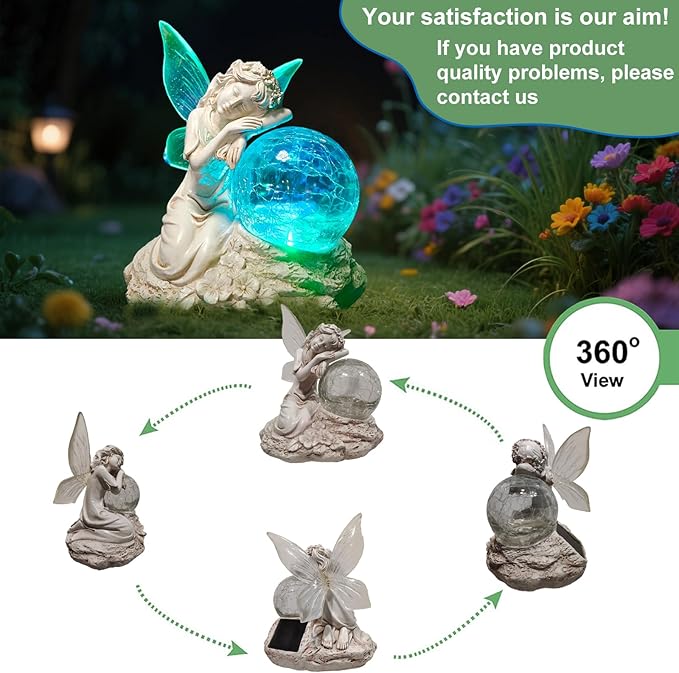 Fairy Garden Statue ，Solar Garden Decor ，Fairy Statue Outdoor with Glass Ball ，Waterproof Outdoor Decor，Suitable for Yard, Lawn ，Ideal for Holiday Giving (Left)