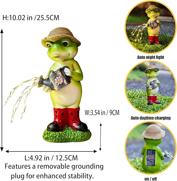 Solar Powered Frog & Mushroom Couple Statue, Outdoor Garden Decor with Romantic LED Lights, Waterproof Resin Sculpture Set for Lawn, Yard, Patio with Anti-Tip Stakes (Watering Frogs)
