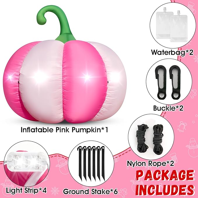 4.6FT Christmas Inflatable Pumpkin Blow-up Pink Pumpkin Build-in 4 LED Lights for Pink Christmas Outdoor Decorations Giant Inflatable Fake Pumpkins for Winter Xmas Party Decor Yard Garden Lawn