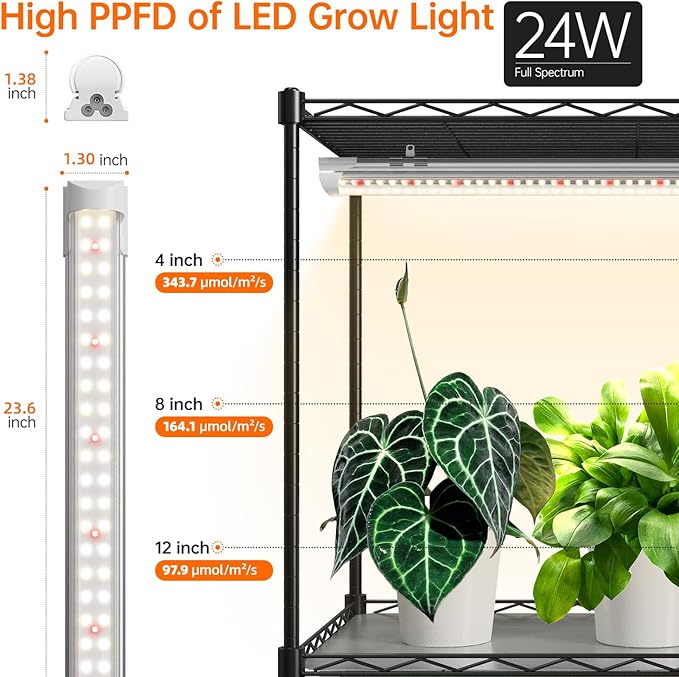 Bstrip Plant Shelf with Grow Light with Timer, Metal Plant Stand with Adjustable Rack and Wheels, 4 Pack T8 Full Spectrum Grow Light Strip for Indoor Plants, Seed Starting, Seed Tray, 23.5"x13.8"x59"