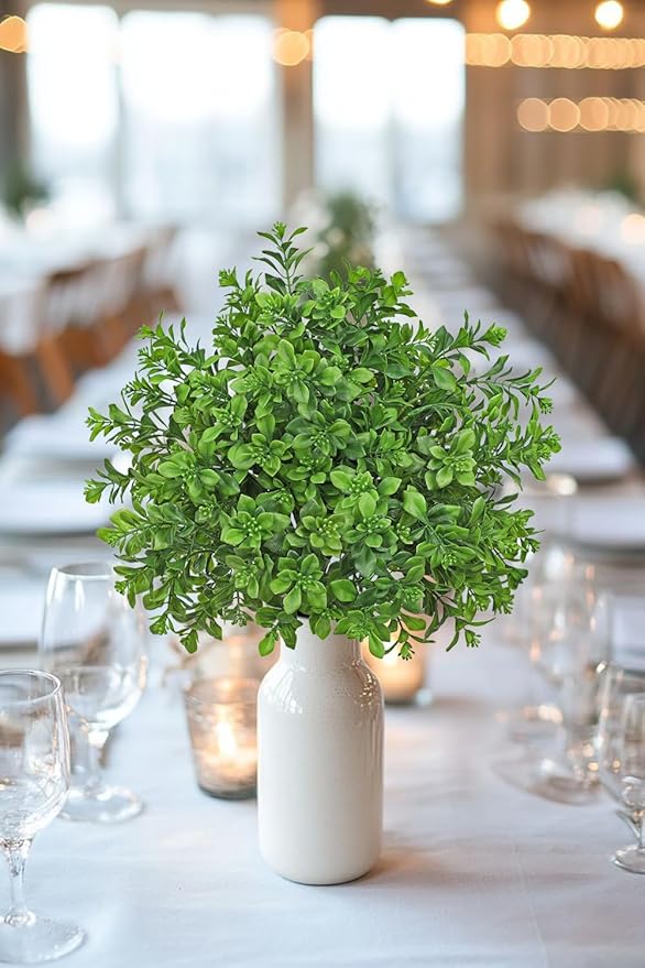 Artificial 5Pcs Faux Seeded Eucalyptus Leaves Stems Fake Plants Sharp UV Resistant Faux Plastic Boxwood for Kitchen Office Garden Porch Farmhouse Window Box Home Decor