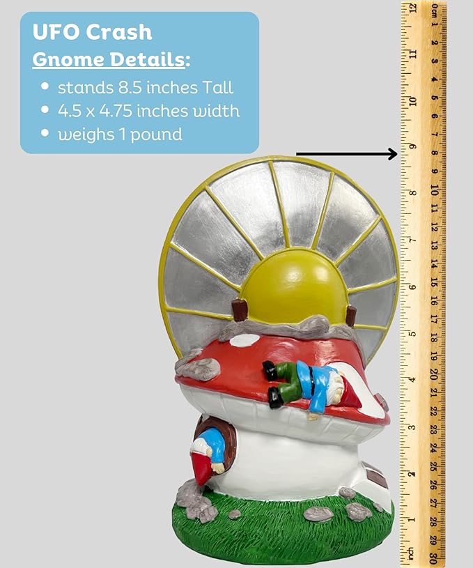Gnometastic Gnomes UFO Alien Gnome Statue, Funny Garden Gnomes Outdoor Decorations for Yard Patio Lawn Funny UFO Alien Decor and Fairy Garden Accessories, 8.85in UFO Gnome Crash Landing