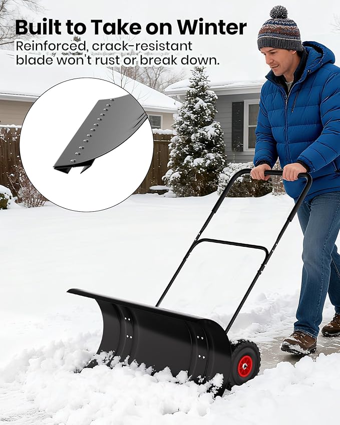 Snow Pusher with Wheels for Driveway, 29.5" Wide Heavy Duty Steel Blade, 2-Position Height Adjustment & 60° Tilt Handle, Ergonomic Push Snow Shovel with Ground Protection for Effortless Snow Removal