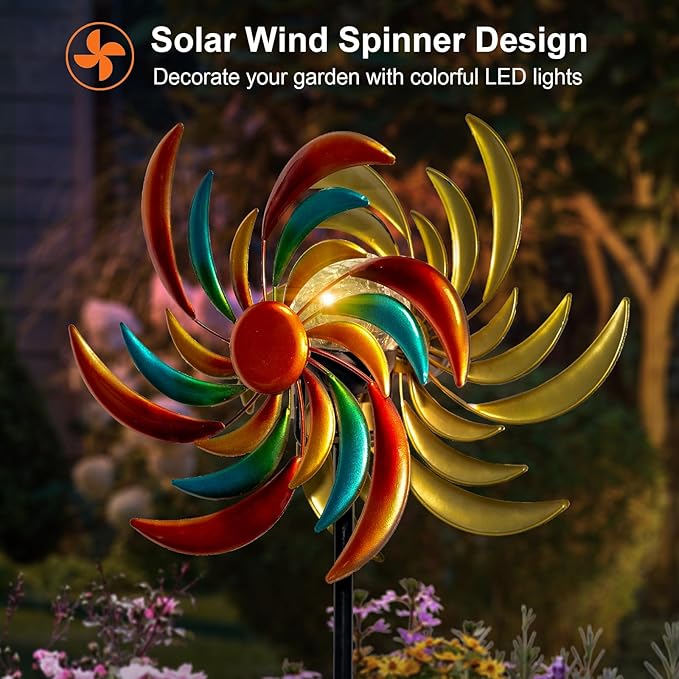 360° Wind Spinners Outdoor with Solar Lights Colored Leaves Garden Decor Yard Lawn Art Decor for Patio Kinetic Windmills 60.63'' H x 13.38'' Dia Unique Gifts for Friends and Family