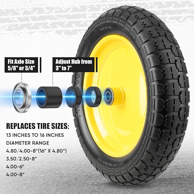 TICONN 4.80/4.00-8 Tire, 14.5" Flat Free Wheelbarrow Tire and Wheel, Solid Replacement Tires with 3" Centered Hub, 5/8" 3/4" Bearings, Universal Fit 4.80/4.00-8, 3.50/3.00-8, 4.00-6 (Yellow)