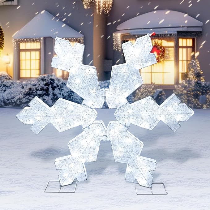 Brightown Christmas Snowflake Outdoor Decorations, Large 41.5in 3D Snowflake Christmas Decor with 100LED Lights, Pre-lit Xmas Outdoor Decor for Front Door Indoor Outside Yard Lighted Holiday Display