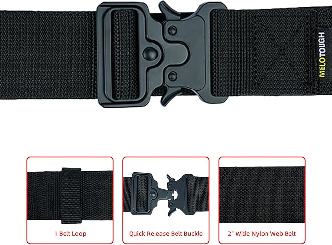 MELOTOUGH 2" Nylon Web Work Tool Belt for Men with Heavy Duty Quick Release Rugged Metal Buckle outdoor men's belt Tool Belts (Black)