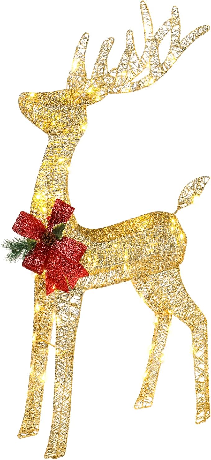 VINGLI Lighted Christmas Reindeer Outdoor Decorations, 4 FT Gold Reindeer with Santa’s Sleigh, Pre-lit 90 LED Lights, Weatherproof Christmas Yard Lawn Porch Decor with Stakes & Zip Ties