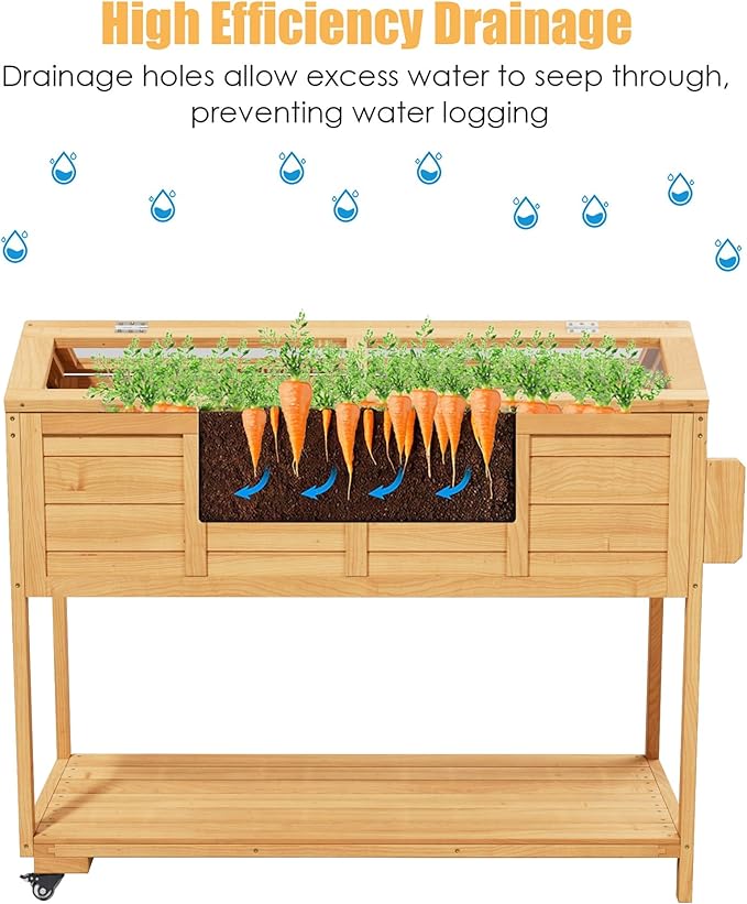 Raised Garden Beds Outdoor, Elevated Planter Box Cart On Lockable Wheels with Legs, Bed Liner,Storage Shelf,Seed Starter Tray for Backyard Patio Gardener Winter Outside (Minimalist Style)
