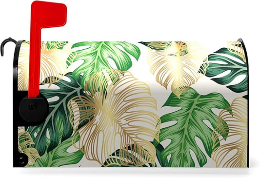 Summer Mailbox Cover Tropical Palm Leaf Magnetic Mailbox Wrap Jungle Leaves Waterproof Mail Box Post Letter Box Cover Standard Size 21x18 in Garden Yard Outdoor Decoration